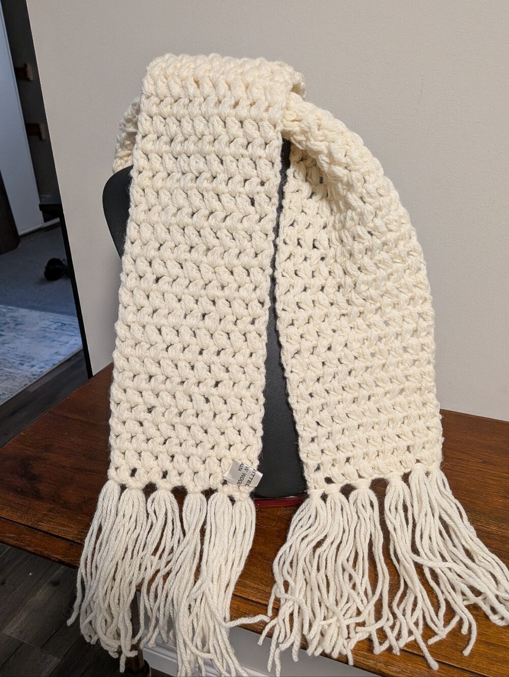 Handmade Cream Crochet Knitted Fringe Scarf - Cozy Winter Accessory. Aran Style.